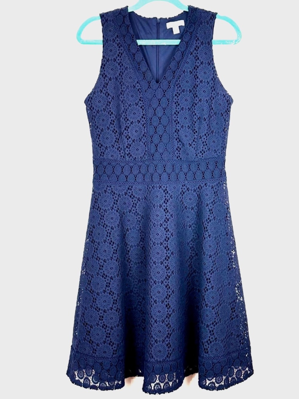 Charter Club Womens Navy Blue V-Neck Embroidered Fit and Flare Dress M Lined